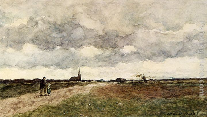 Figures On A Country Road, A Church In The Distance painting - Jan Hendrik Weissenbruch Figures On A Country Road, A Church In The Distance art painting